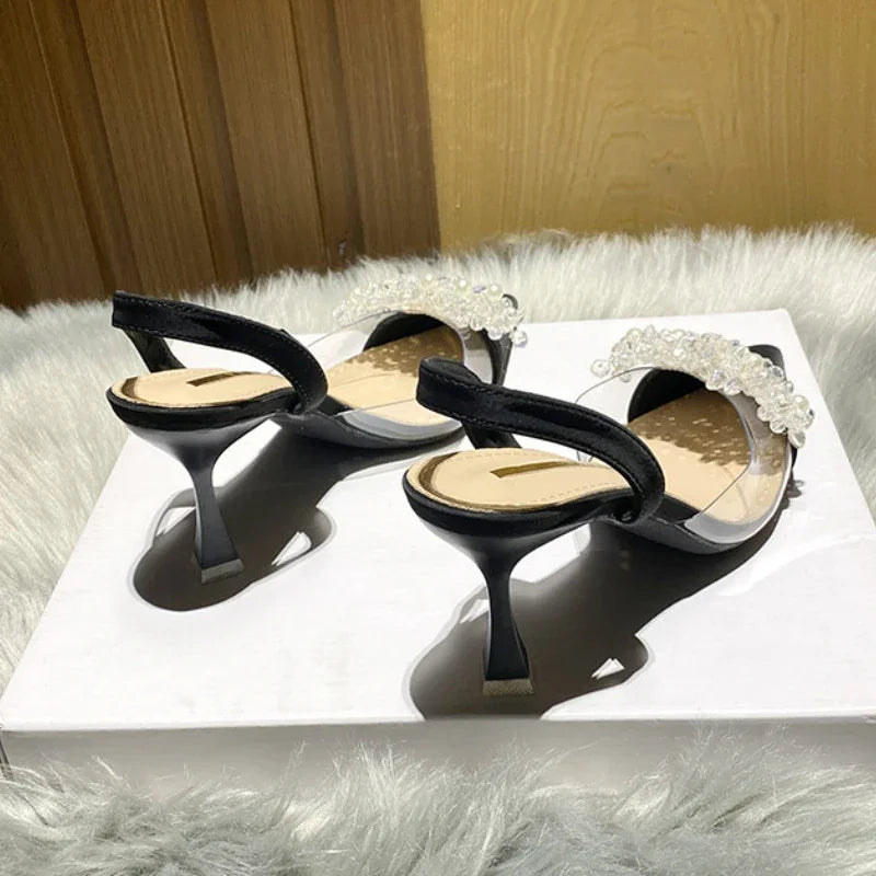 Summer Women Baotou Sandals 2024 New French Transparent Pointed Toe Crystal Stiletto Heel Sandals Pumps Zapatillas Mujer RT220