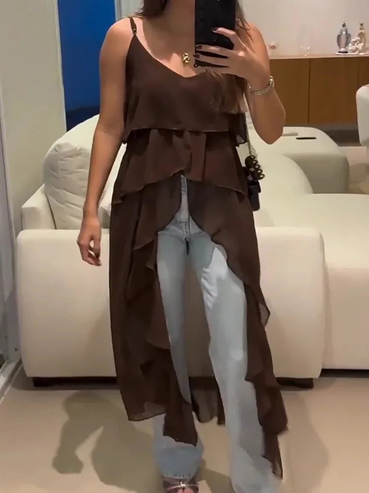 Women Ruffles Long Shirts Dress Summer Elegant Solid Sleeveless Blouse Ladies Casual 2025 Beach V Neck Backless Top Femme Blusas RT220