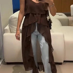 Women Ruffles Long Shirts Dress Summer Elegant Solid Sleeveless Blouse Ladies Casual 2025 Beach V Neck Backless Top Femme Blusas RT220