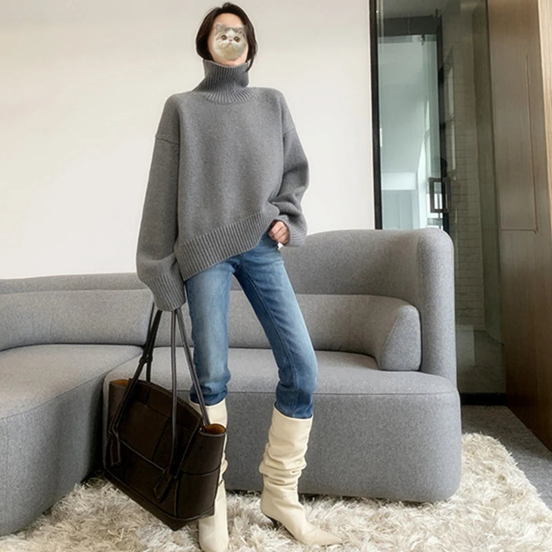 Jmprs Lazy Wind Grey Turtleneck Sweaters Women Vintage Loose Knitted Pullovers Streetwear Retro Harajuku Long Sleeve Simple Tops RT220