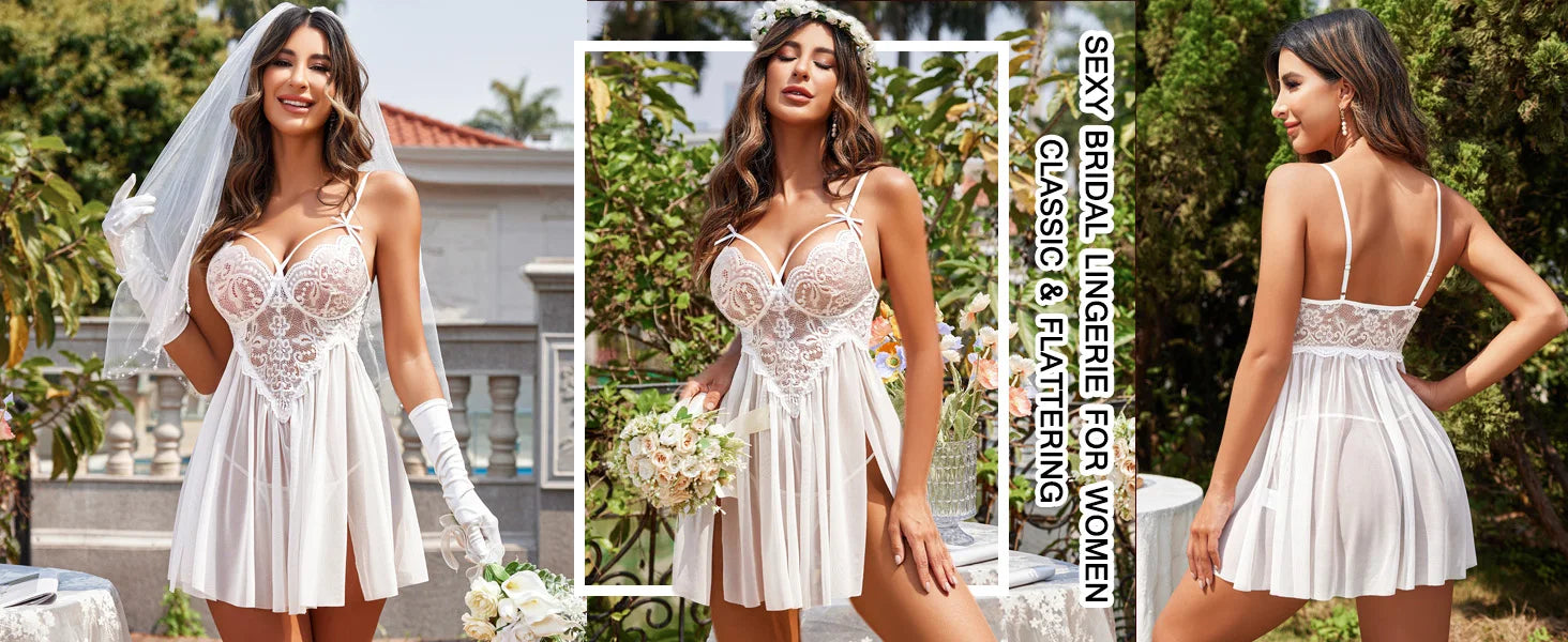 New Sexy Nightgown White Lace Babydoll Set Women's Romantic Sheer Floral Lingerie Flowy Skirt Chemise Mini Dress Hot Sale Nighty RT220