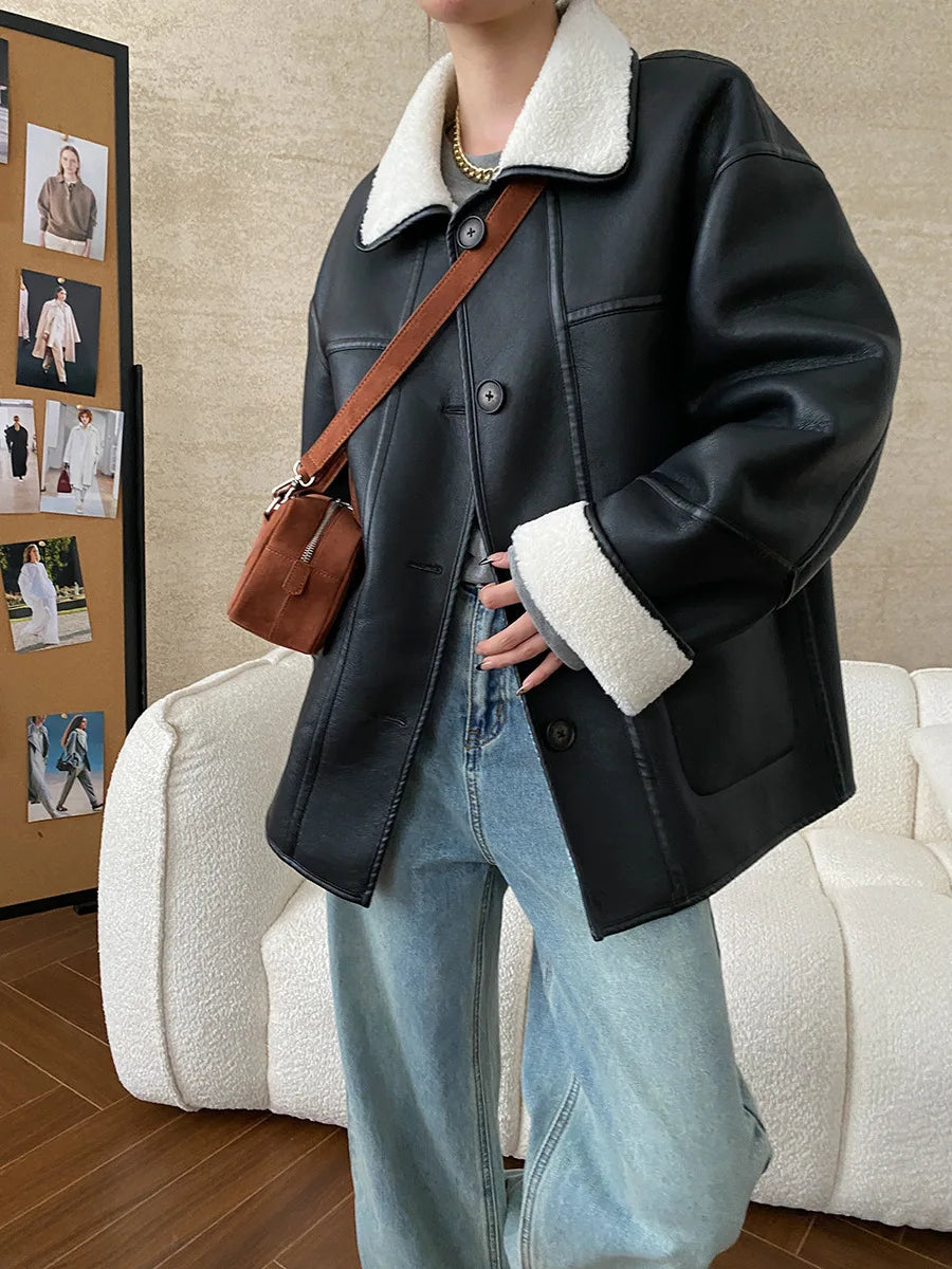 [LANMREM] Faux Fur Thick Warm Coats Lapel Single Breasted Office Lady Elegant Female Outwear Fashion 2025 Winter New 26C1095 RT220
