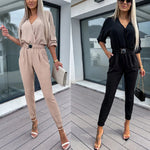 Spring Autumn Casual Solid Color Women's Casual Jumpsuit Pants Fashion Sleeve Slim Fit High Waisted Female Jumpsmall Feet Pants RT220