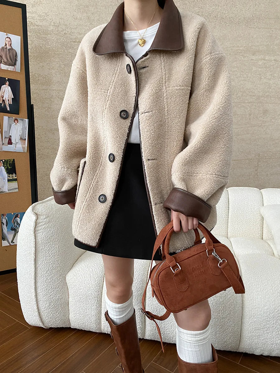 [LANMREM] Faux Fur Thick Warm Coats Lapel Single Breasted Office Lady Elegant Female Outwear Fashion 2025 Winter New 26C1095 RT220