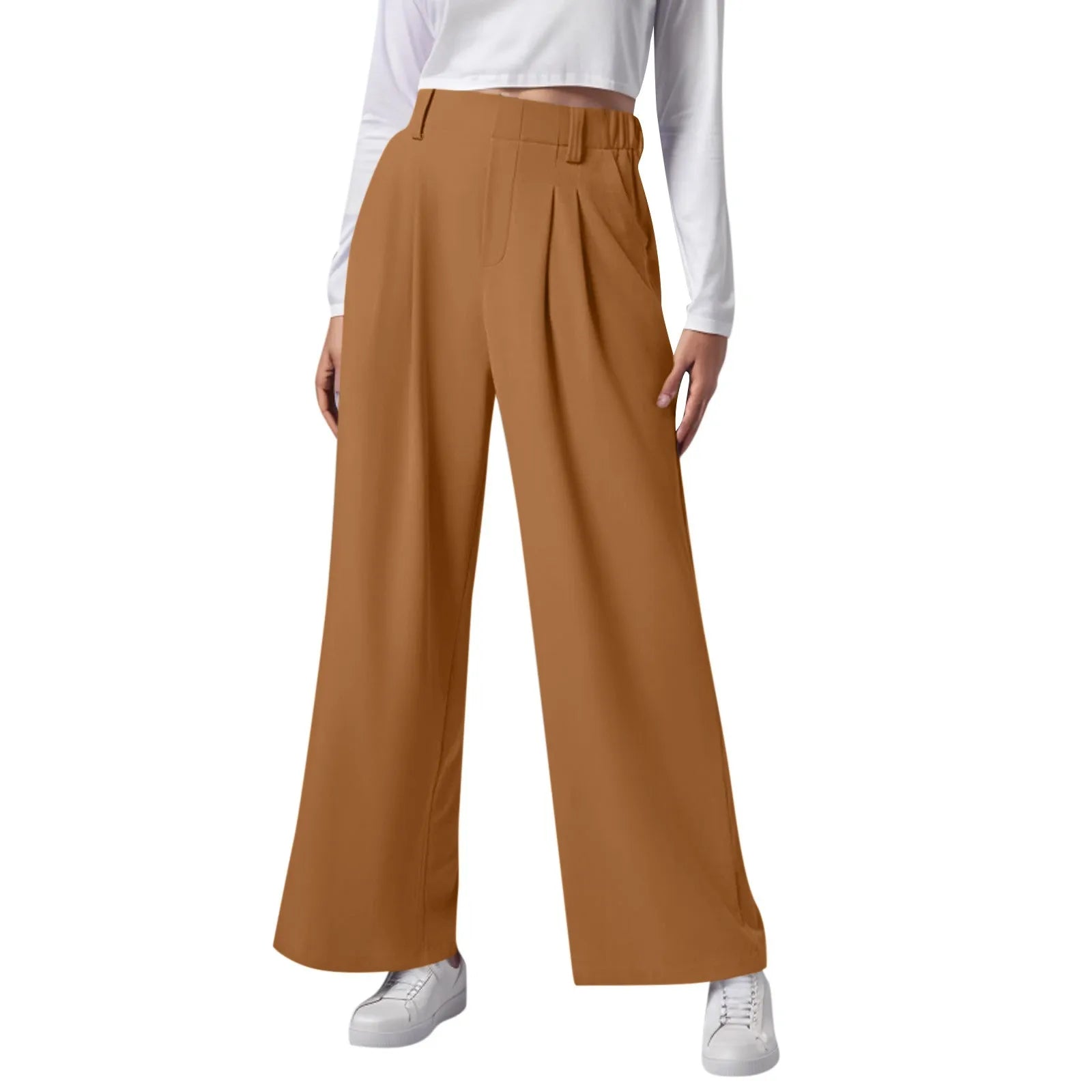 2024 New Pantalones De Mujer Women's Wide Leg Pants Elastic High Waisted Knit Casual Palazzo Pants Trousers With Pockets RT220