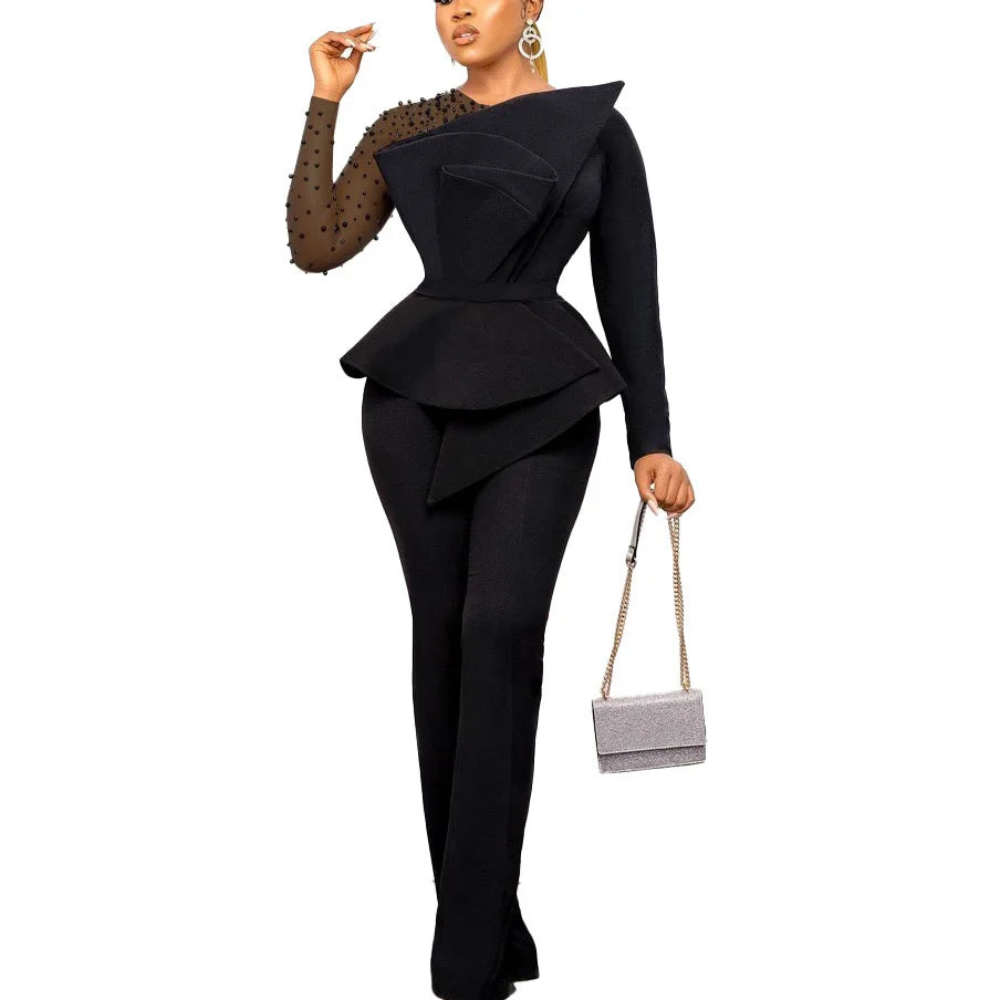 Luxury Jumpsuits & Rompers for Women Round Neck Beaded Transparent Sleeve High Waisted Elegant Female Birthday Party Overalls RT220