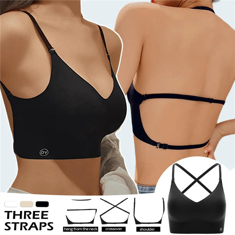 Women Invisible Bra Deep U Plunge Bras Backless Top for Dresses Sexy Lingerie with Transparent Strap Push Up Strapless Underwea RT220