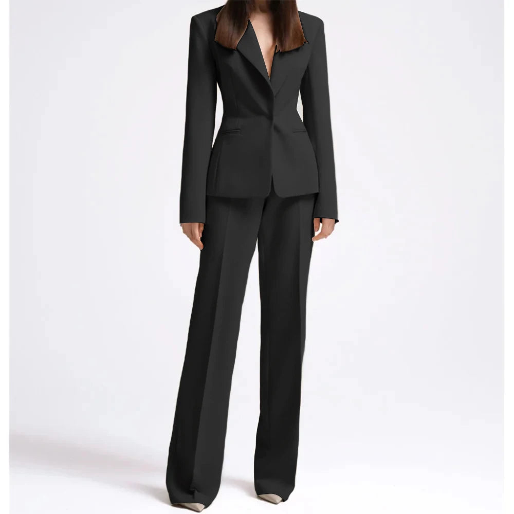 Office Lady Fashion Beige Women Suits One Button Peak Lapel 2 Piece Jacket Pants Slim Fit Smart Causal Conjuntos De Pantalones RT220