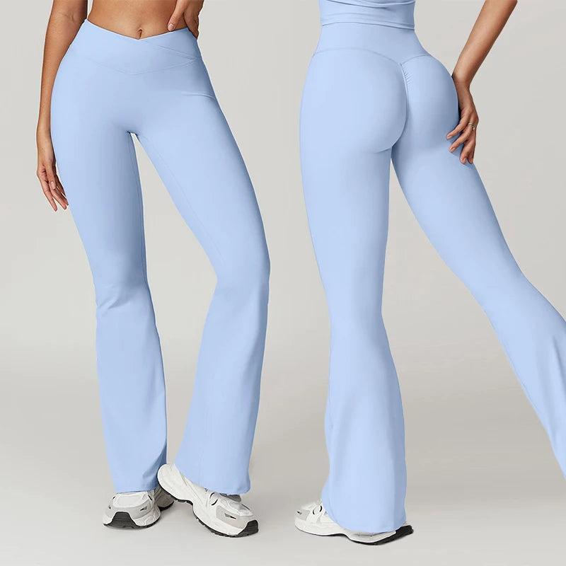 Sexy Flared Leggings Women's Running Pants Scrunch Butt Trousers Cross Waist Sports Tights Woman Skin-Friendly Workout Leggin RT220