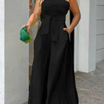 2023 Summer Women's Clothing Slanted Collar Unilateral Tie Irregular Strapless High Waist Pocket Wide Leg Pants Casual Jumpsuit RT220