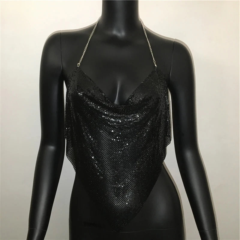 New Sexy Backless Metal Sequined Solid Camis Sleeveless Halter Hollow Out V Neck Adjustable Chain Women Nightclub Crop Tops RT220