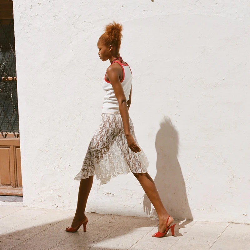 Xingqing 2024 Lace Skirt Women White See Through Floral Lace Low Waist Midi Skirts y2k Aesthetic Fairycore Beach Skirt Clubwear RT220