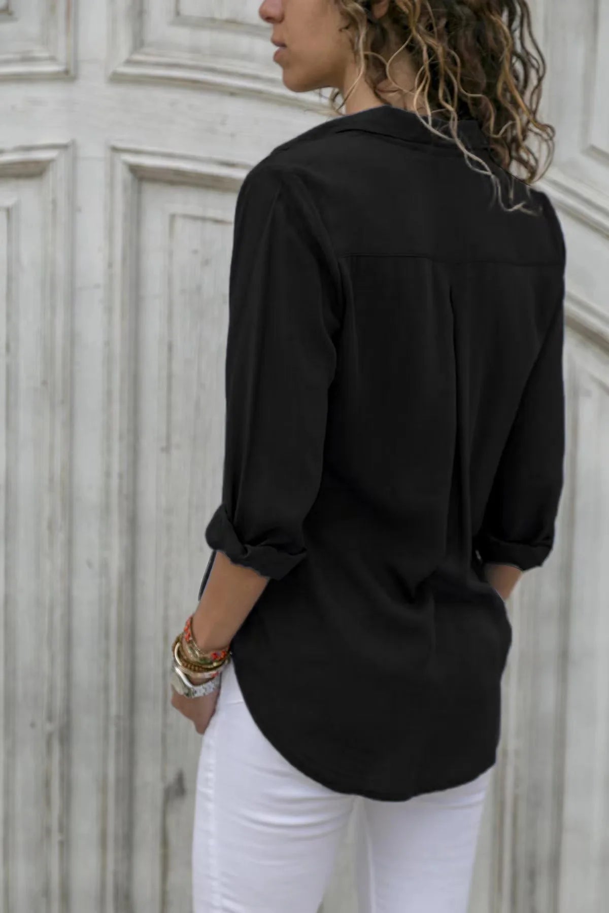 Ladies' Elegant Solid Chiffon Top Summer Casual Long Sleeve V-neck Loose Shirt Office Women's Solid Color Collar Fashion Top RT220