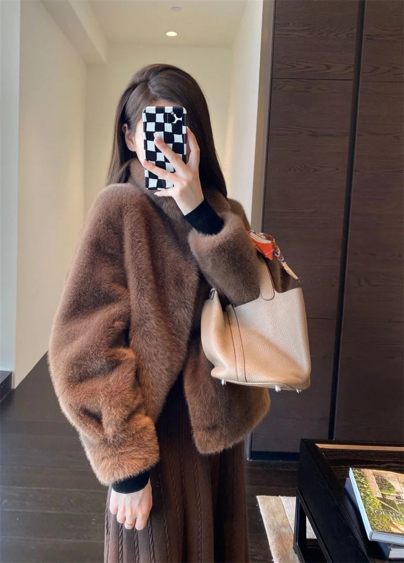 2024 Women Solid Color Stand Collar Mink Fur Top Female Long Sleeves Fox Fur Jacket Spring Autumn Lady Short Leather Fur Outwear RT220