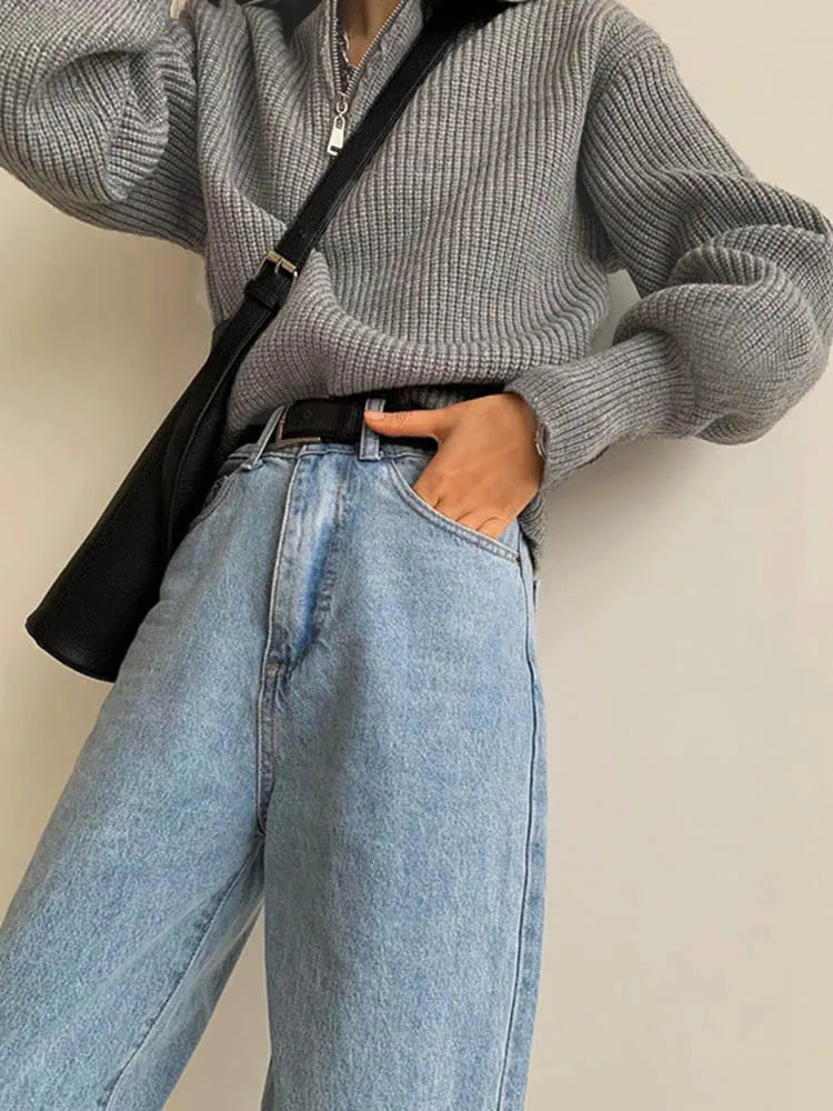 Fashion Women Sweaters 2025 LOOSE Zipper Design Pullovers Casual Solid Turtleneck Thickening Pink Knitted Winter Women's Sweater RT220