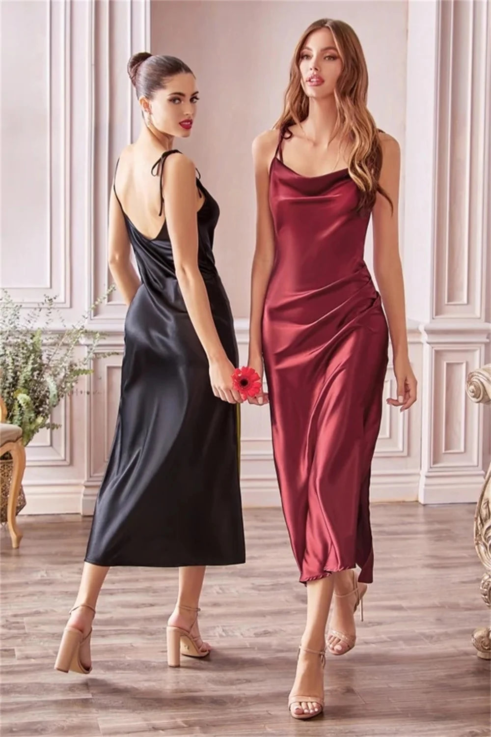 MisShow Satin Cowl Neck Women Beach Midi Dresses for Summer Sexy High Slit Sheath Evening Party Dresses for Christmas New Year RT220