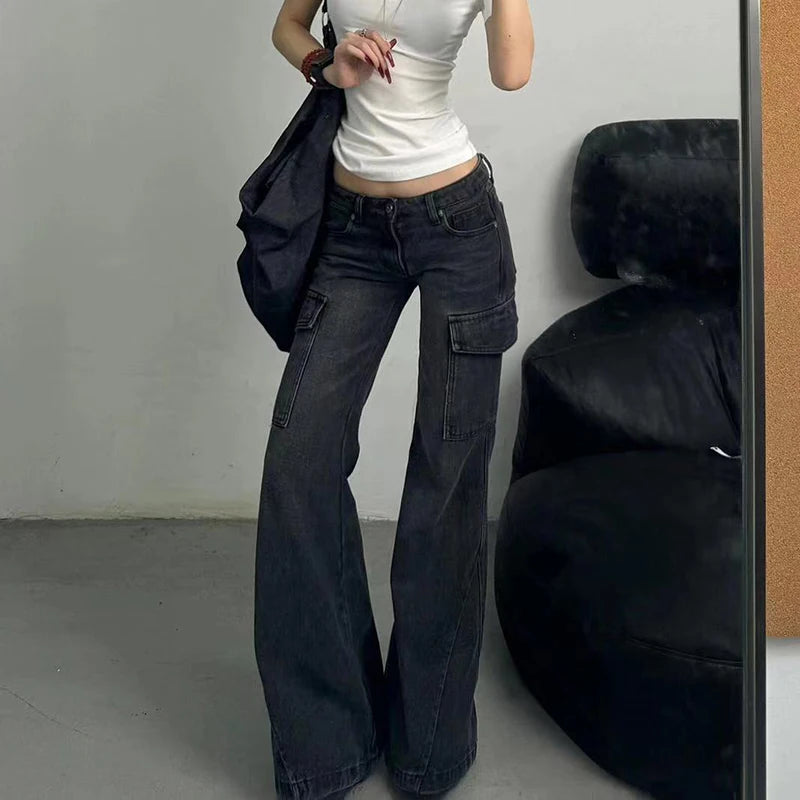 Streetwear Vintage Black Jeans Women American Y2K Slim High Waist Flare Denim Pants Female Casual Multiple Pockets Denim Trouser RT220