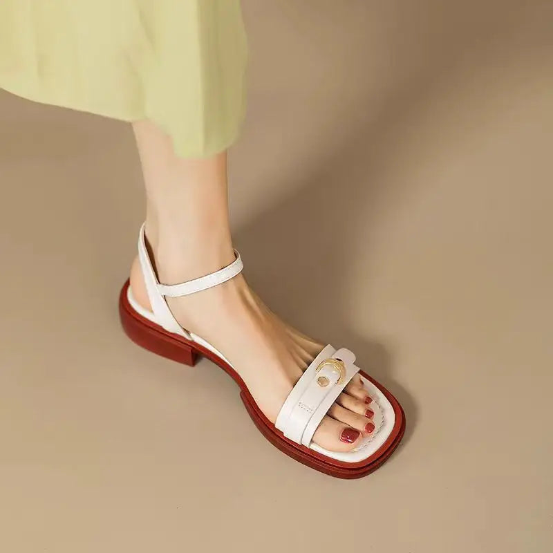2025 Summer Women Sandals Low Heels Basic Genuine Leather Concise Office Plus Size 35-43 Ladies Casual Outdoor Shoes RT220