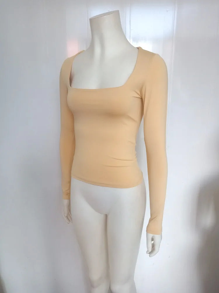 Sexy Solid Color Square Collar Elastic Slim T Shirt Women Long Sleeves Bottoming Shirt Ladies Tee Shirt Tops Camisetas Mujer RT220
