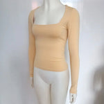 Sexy Solid Color Square Collar Elastic Slim T Shirt Women Long Sleeves Bottoming Shirt Ladies Tee Shirt Tops Camisetas Mujer RT220