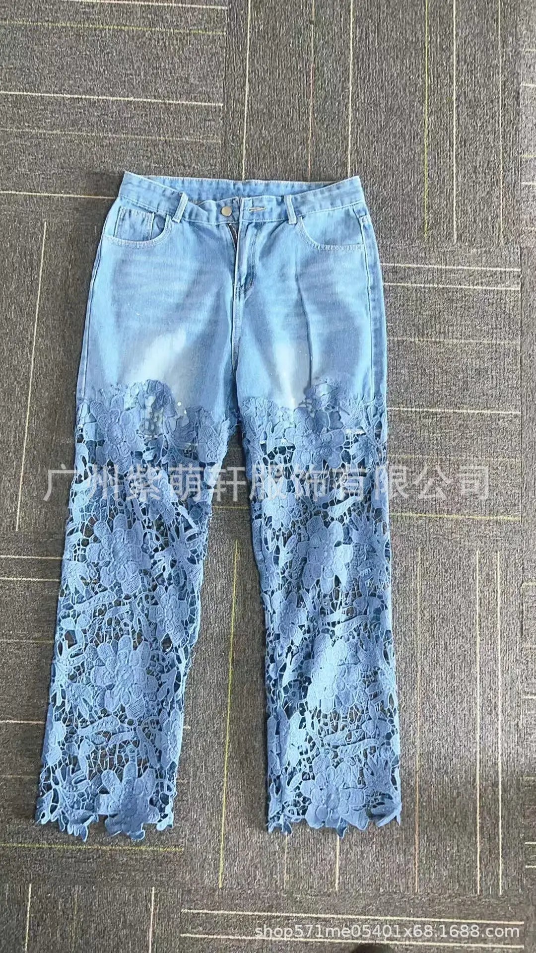 Women's Spring Summer Fashion Hollow Out Lace Splicing Denim Drape Pants Full Length Trousers RT220