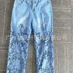 Women's Spring Summer Fashion Hollow Out Lace Splicing Denim Drape Pants Full Length Trousers RT220