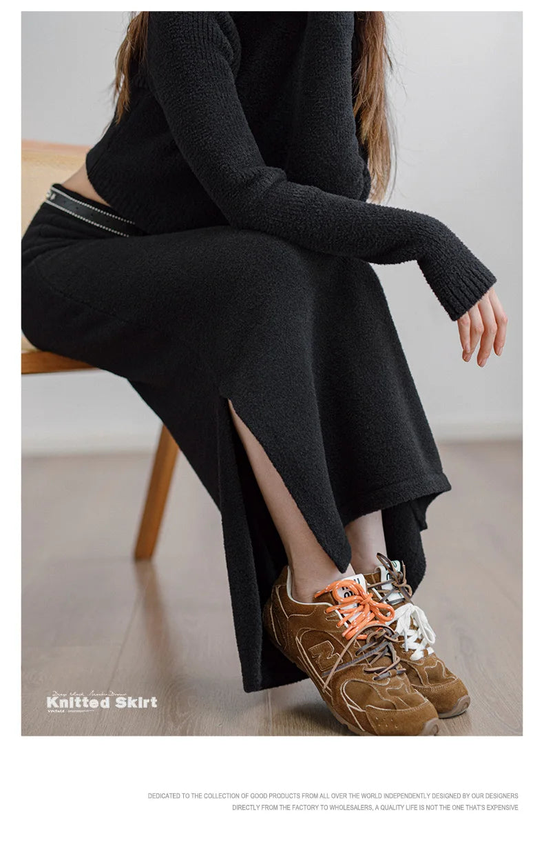 Maden Retro Knitted Skirt Solid Color Slit Fit with Single-side Slit Versatile A - line Skirt for Women's Autumn and Winter RT220