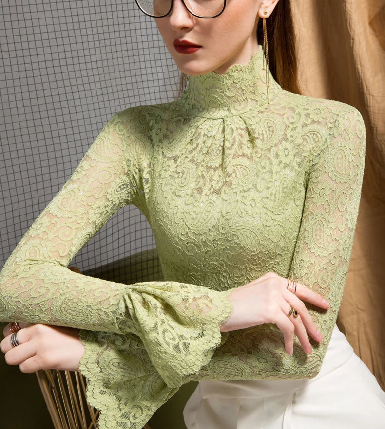 Women Paisley Flower Lace Shirt S-2XL Stretch Turtleneck Bell Sleeve Blouse Tops Pink Blue Coffee Green Fashion Ladies Blouses RT220