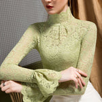 Women Paisley Flower Lace Shirt S-2XL Stretch Turtleneck Bell Sleeve Blouse Tops Pink Blue Coffee Green Fashion Ladies Blouses RT220