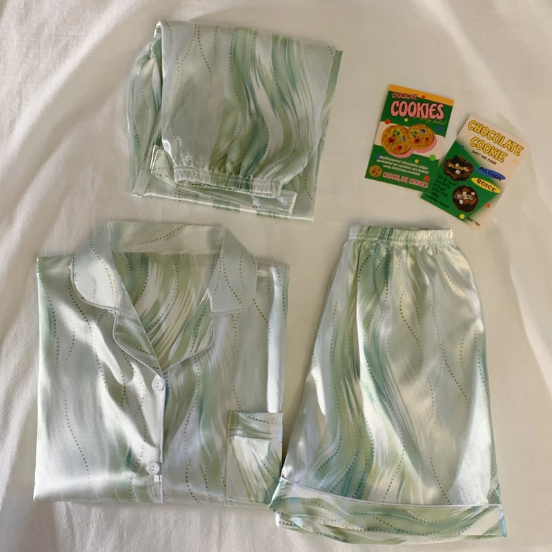 Honey Peach Print Lace Korean Ins Style Pajamas Women Y2k Three-piece Set Classy Sweet Cute Lady Lounge 2024 New Spring Homewear RT220