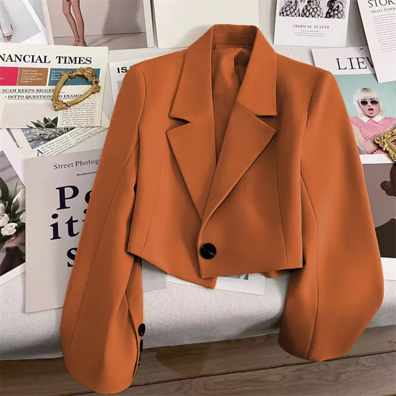 Korean Cropped Blazers Women Autumn Solid Color Simple Single-button Outwear Teens All-match Long Sleeve Office Lady Suit Jacket RT220