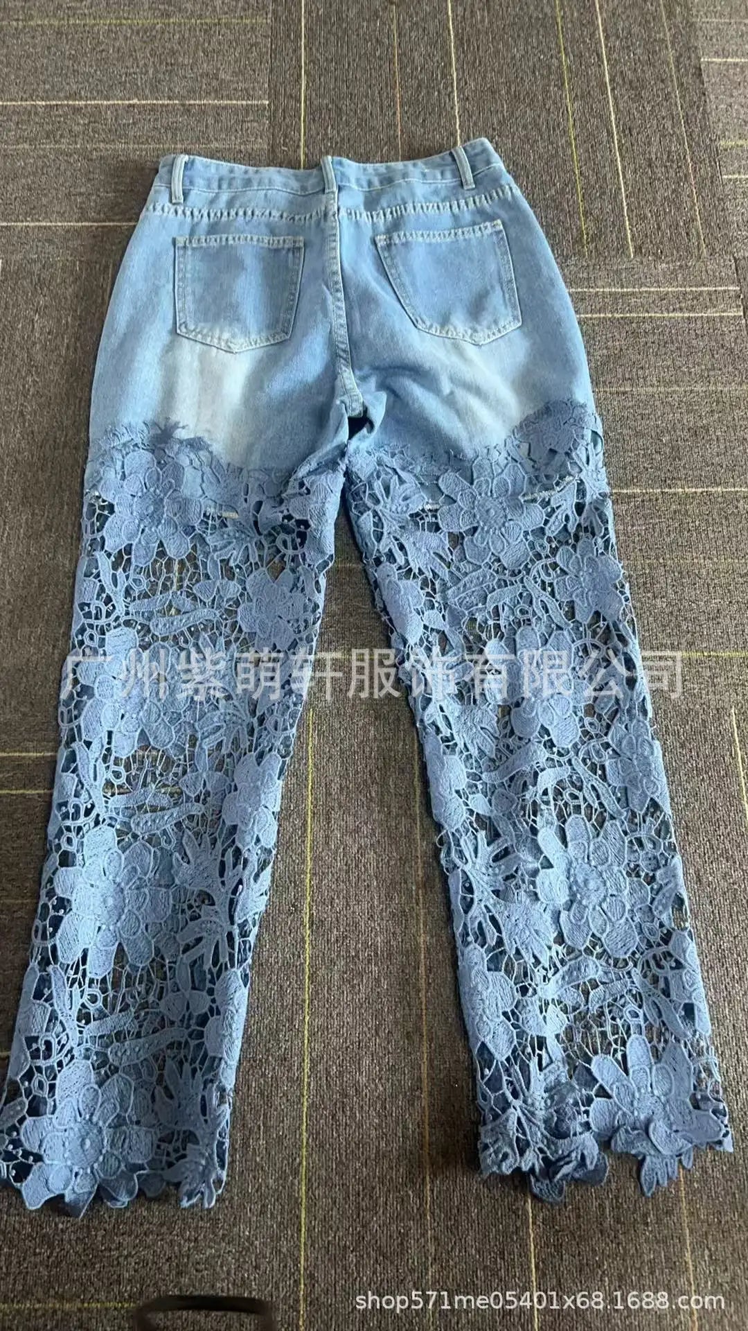 Women's Spring Summer Fashion Hollow Out Lace Splicing Denim Drape Pants Full Length Trousers RT220