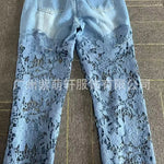 Women's Spring Summer Fashion Hollow Out Lace Splicing Denim Drape Pants Full Length Trousers RT220