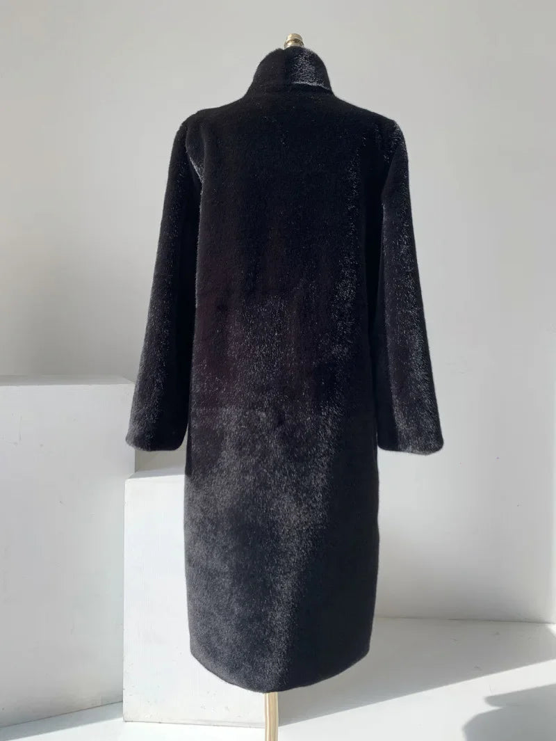 Faux Fur Coats Women Stand Collar Mid Length Long Coat Thick Maxi Warm Y2k Tops Open Stitch Elegant Autumn Winter Black Jackets RT220