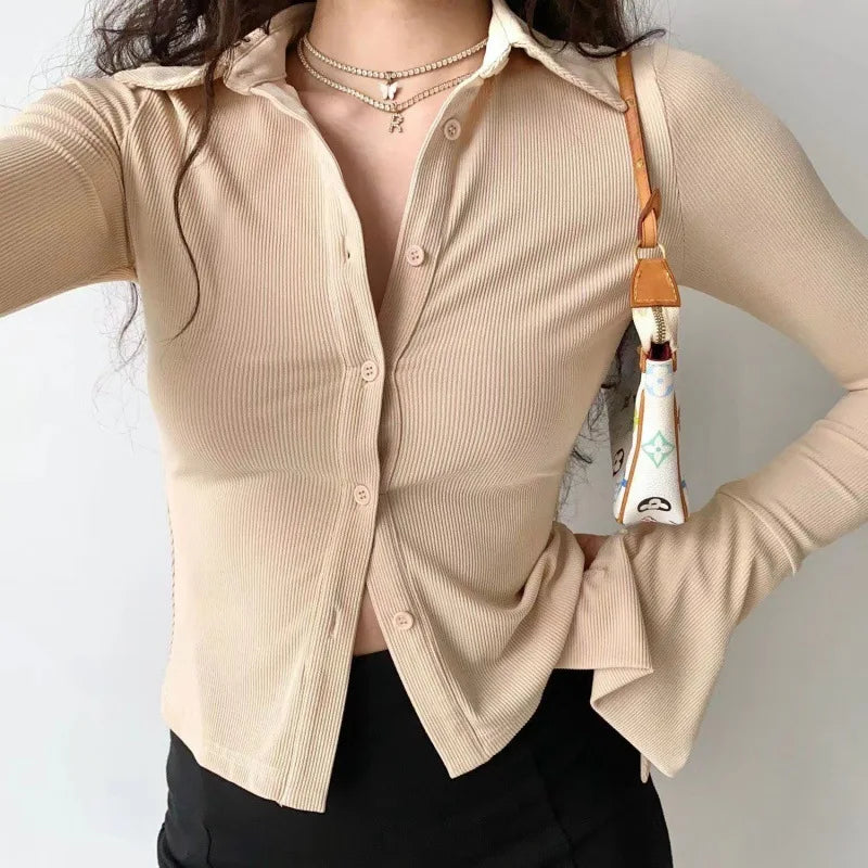 Sexy Slim Flared-sleeve Shirt Polo Collar Lapel Five-color All-match Women's Slim Stretch Long-sleeved Top Women Shirts Blouses RT220