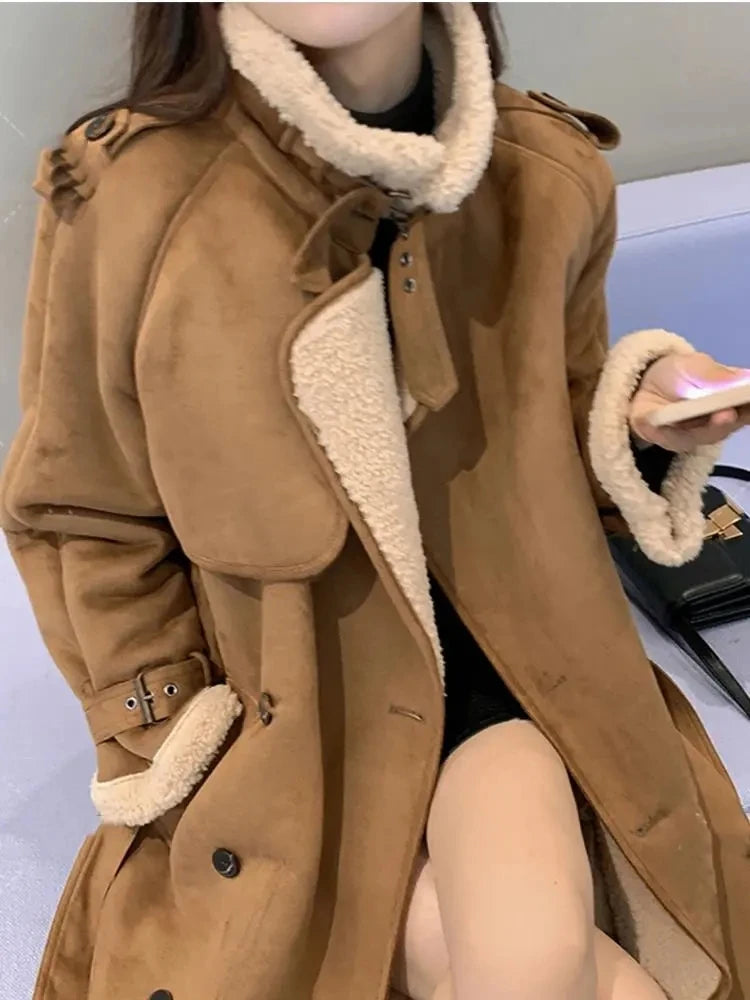 2024 Autumn Winter New Medium Long Double-breasted Lambswool Suede Woolen Coat Women Add Velvet Padded Warm Fur One Woolen Coats RT220