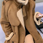 2024 Autumn Winter New Medium Long Double-breasted Lambswool Suede Woolen Coat Women Add Velvet Padded Warm Fur One Woolen Coats RT220