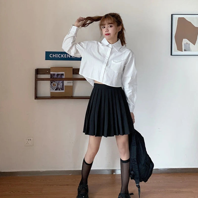 MEXZT Fashion Korean Pocket Cropped Blouse Women Casual Preppy Style Long Sleeve Short Shirt Fall Solid White All-match Y2k Tops RT220