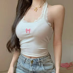 2025 Y2k Halter Top Crop Top Women's Lace Embroidery Butterfly Graphics Tank Top Ladies Sexy Vest Female Coquette Summer Clothes RT220