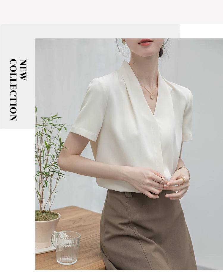 2025 Fashion Summer Short Sleeve V-Neck Women Blouse White Blouse Shirt Women Tops Blouses Shirts Blusas Para Mujer Camisas XL86 RT220