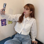 MEXZT Fashion Korean Pocket Cropped Blouse Women Casual Preppy Style Long Sleeve Short Shirt Fall Solid White All-match Y2k Tops RT220