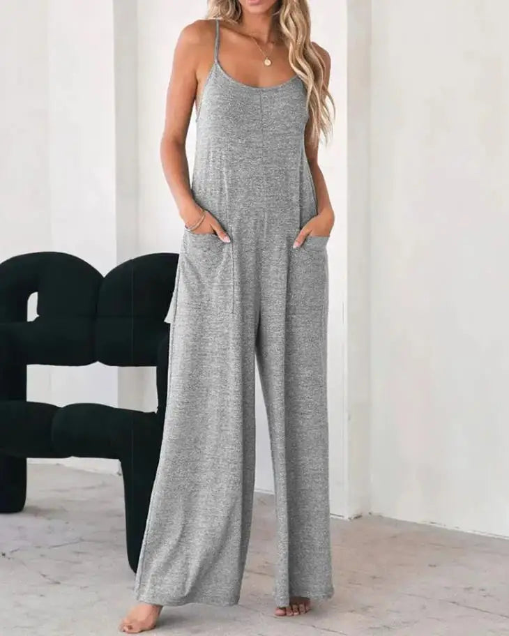 Jumpsuit For Women 2022 Fashion Grey Pocket Design Spaghetti Strap  Casual Home Daily Chic Loose Wide Leg Cami Jumpsuit RT220