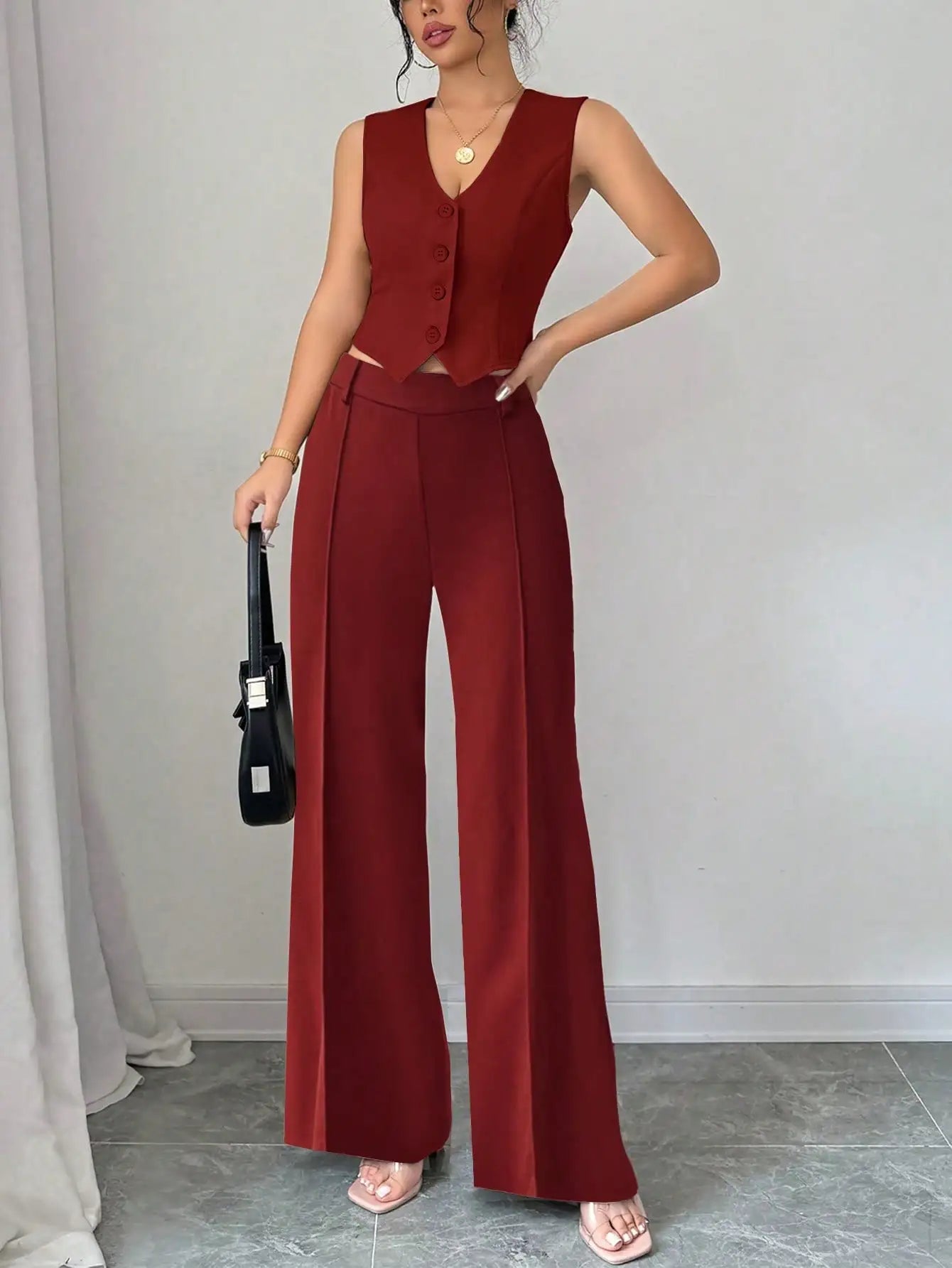 Women's 2Pcs Red Date Night Front Buckle V-Shaped Hem Solid Button Front Vest Jacket & Seam Front Pants Two Piece Set RT220