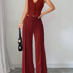 Women's 2Pcs Red Date Night Front Buckle V-Shaped Hem Solid Button Front Vest Jacket & Seam Front Pants Two Piece Set RT220