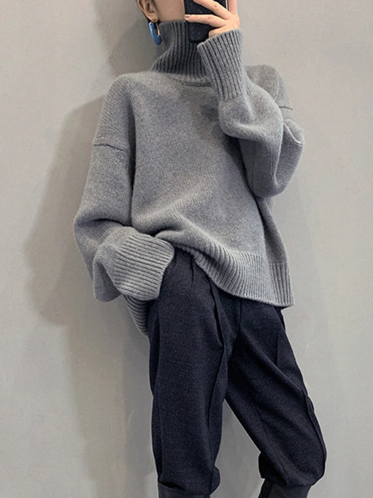 Jmprs Lazy Wind Grey Turtleneck Sweaters Women Vintage Loose Knitted Pullovers Streetwear Retro Harajuku Long Sleeve Simple Tops RT220