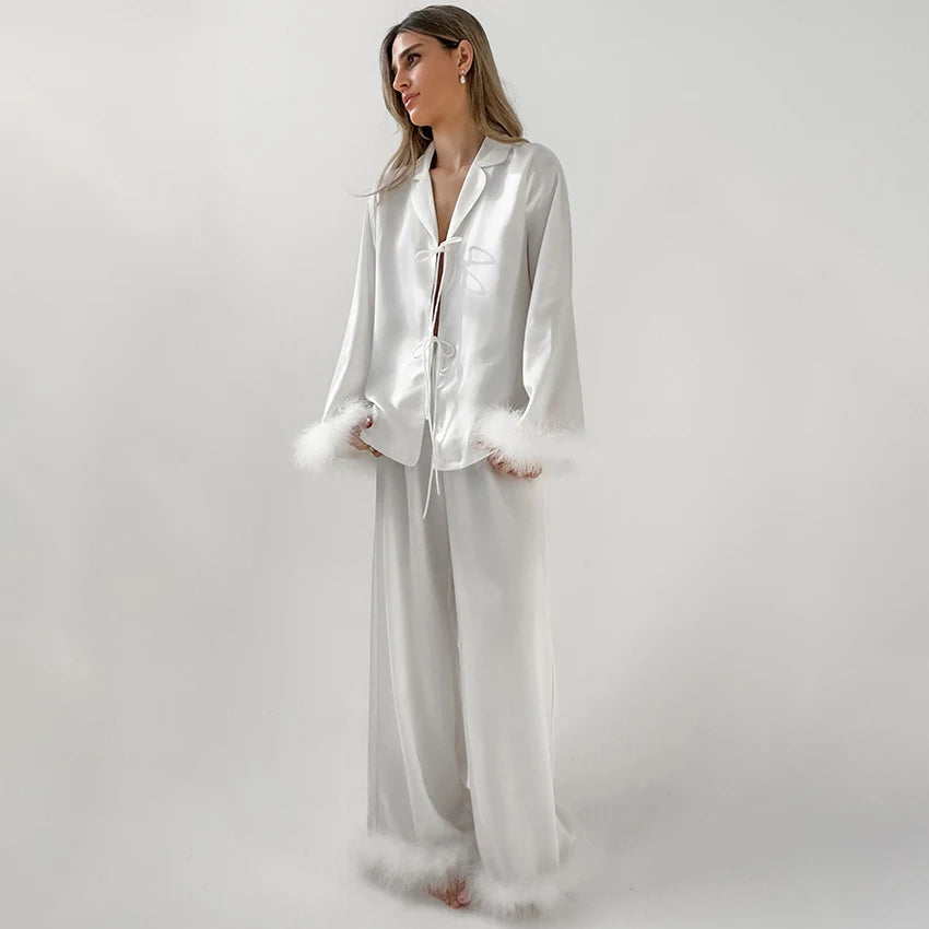 HiLoc Elegant Silk White Pajamas Sets Women Feather Cuffs Blouses With Wide Legs Pants Sleepwear Female 2025 Spring Autumn Suits RT220