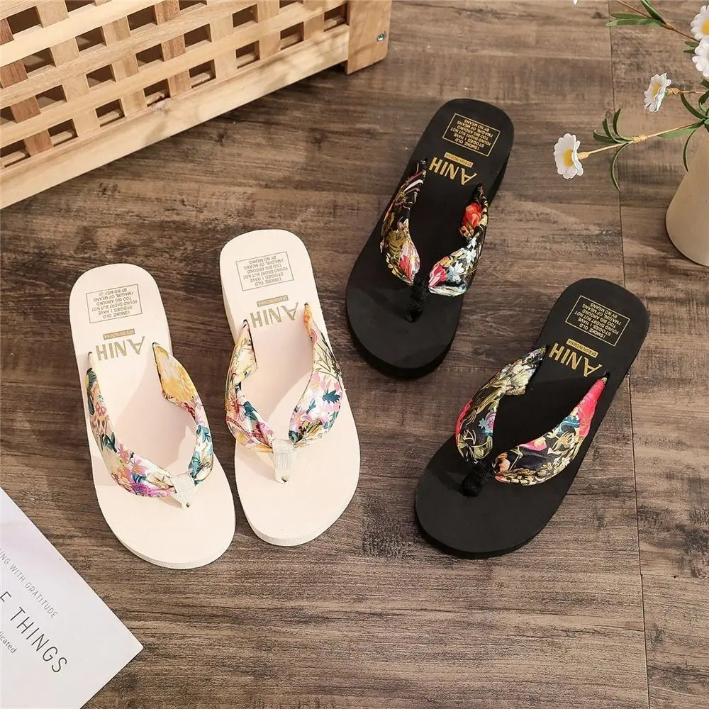 Summer EVA Beach Platform Slippers Wedge Sandals 3/5.2cm Heel High Fashion Casual Satin Printing Vacation Women's Slippers RT220