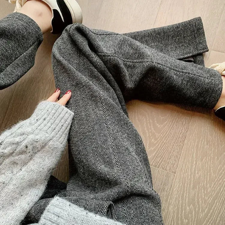 Women Pants Autumn Winter Thickening High Waisted Wool Wide Leg Pants Women Fashion Chevron Lengthening Leg Opening Floor Length RT220
