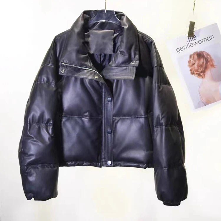 Women Leather Down Jacket Winter 2025 High End Genuine Sheepskin Down Coat Outdoor Thicked Warm Short Puffer Jacket Streetwear RT220