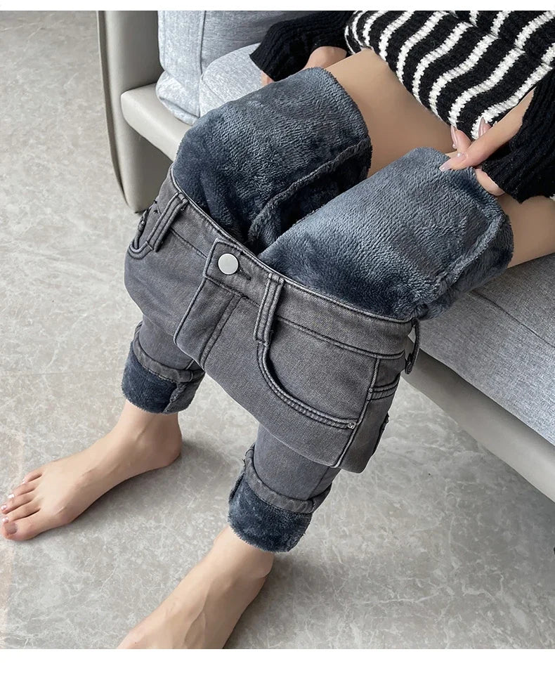 Skinny Women's Warm Jeans Winter Thicken Fleece Stretch High Waist Pencil Pants Fashion Korean Black Blue Gray Velvet Leggings RT220